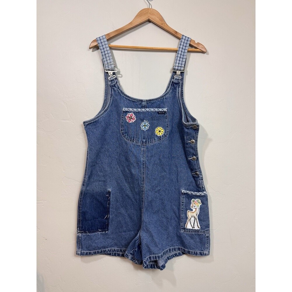 Route 66 Blue Denim Short Overalls with Floral Embroidery